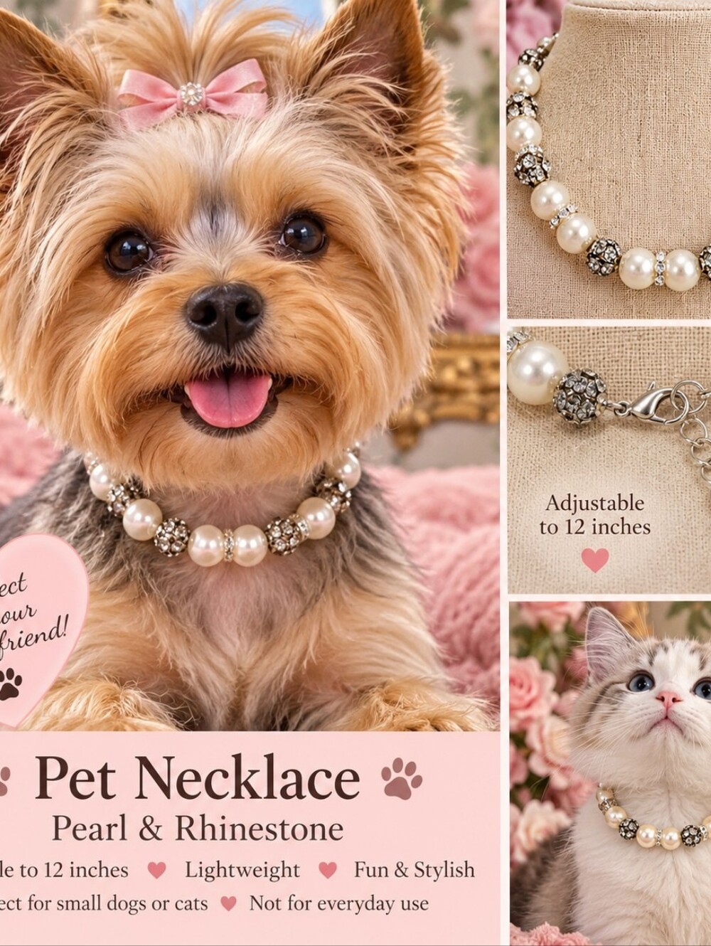 Small Dog or Cat Pearl & Rhinestone Necklace – Adjustable 12”